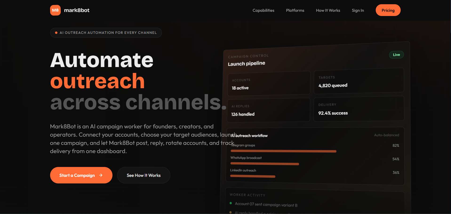 Mark8bot product interface showing a social media campaign workspace